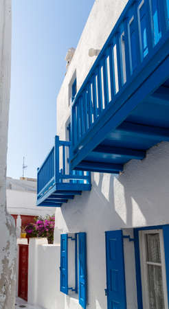Blue terrace on a white washed walled house in Mykonos in Greece - traditionally Greekのeditorial素材