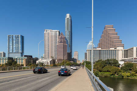 View of the the downtown skyline in Austin Texas with Capitol Building in the distanceの写真素材