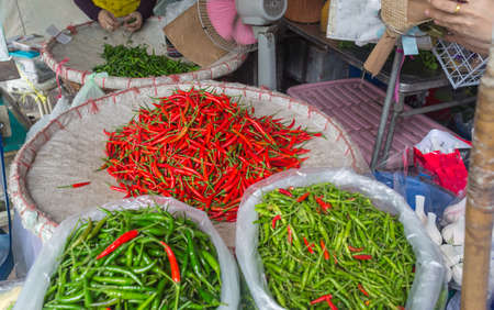 Chillis for sale in Thai Market Bangkokの写真素材