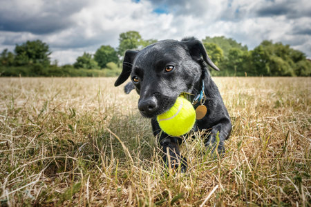 Black Patterdale Cross Border Terrier happy with his tennis ball in a fieldの写真素材