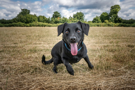 Black Patterdale Cross Border Terrier running directly towards the camera with his tongue out at close up rangeの写真素材