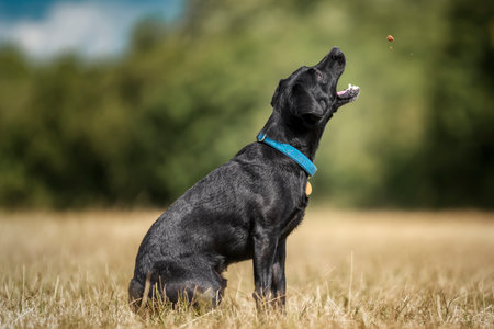 Black Patterdale Cross Border Terrier catching a treat with mouth wide openの写真素材