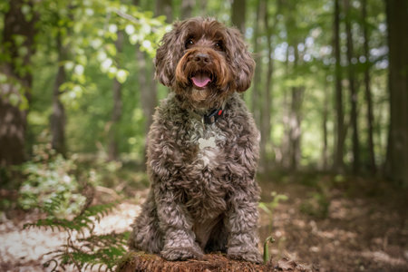 Brown Cockapoo sitting on a stump looking at the cameraの写真素材