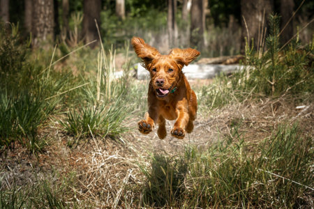 Working cocker spaniel puppy running in a forest ears high and paws upの写真素材