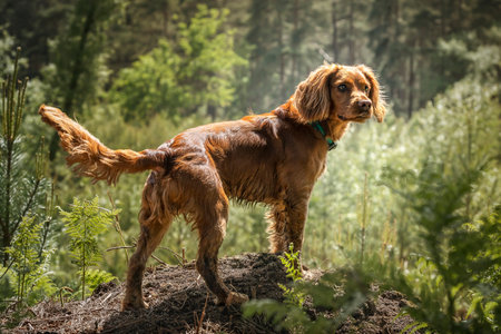 Working cocker spaniel puppy standing in a forest backlitの写真素材