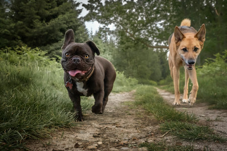 German Shepherd Saluki and French Bulldog in the forest looking at the camera two dogs