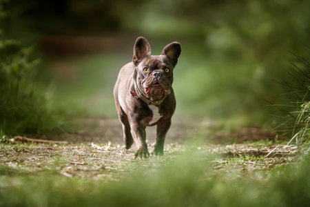 French Bulldog looking at the camera in the forestの写真素材