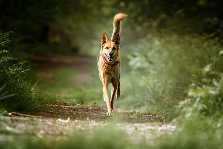 German Shepherd Saluki Cross walking towards the camera with a foxy tail in the forestの写真素材