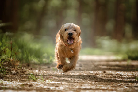 Basset Fauve de Bretagne dog running directly at the camera in the forestの写真素材