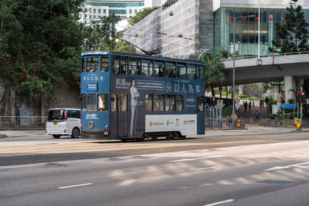 Tram in the business district of Hong Kong on Hong Kong Island