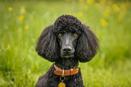 Portrait of a black poodle with yellow flowers in the backgroundの写真素材