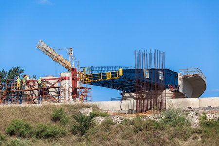 Road highway flyover concrete moulding jig rig suspended on concrete columns のeditorial素材