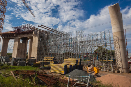 Steel metal scaffolding support structures mounted for concrete mould pouring on road civil engineering construction のeditorial素材