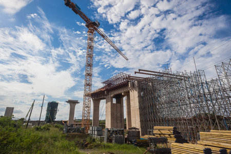 Steel metal scaffolding support structures mounted for concrete mould pouring on road civil engineering construction のeditorial素材