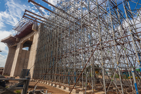 Steel metal scaffolding support structures mounted for concrete mould pouring on road civil engineering construction の写真素材