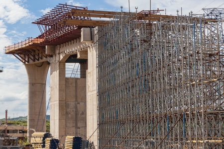 Steel metal scaffolding support structures mounted for concrete mould pouring on road civil engineering construction のeditorial素材