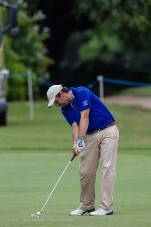 Professional Thomas Aiken swings and strikes his ball at the European pga Volvo Golf Champions tournament at Durban Country club South Africaのeditorial素材