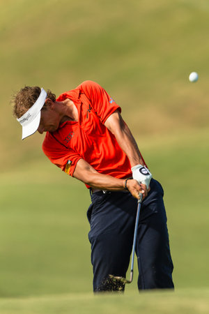 Professional Golfer Joost Luiten swings to strike ball at European PGA Tournament Volvo Golf Champions Tournament play action at Durban Country Club  January 2014 South Africaのeditorial素材