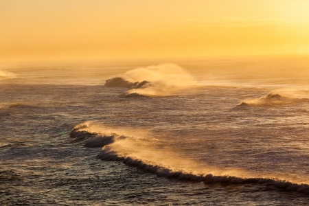 Morning sea water color landscape over crashing ocean wavesの写真素材