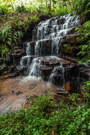 Small rock waterfall in rural countryside with clean clear water flowing over terraced rocks from stream through green tree plant vegetationの写真素材