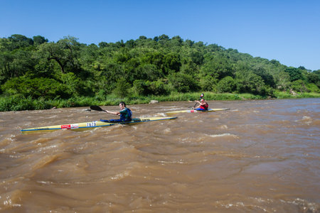 Canoe race marathon with athlete paddling on fast river rapid waters though rural thick vegetation landscapeのeditorial素材
