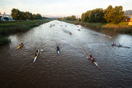 Dusi canoe race action at Mission Rapids with paddlers going through rushing river watersのeditorial素材