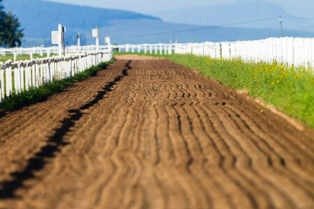 Horse Racing sand track earth grooves with grass and fencing and training racing venueの写真素材
