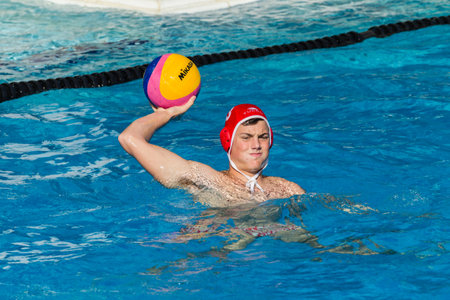 Water-polo national championships game action between province state mens teams in swimming poolのeditorial素材