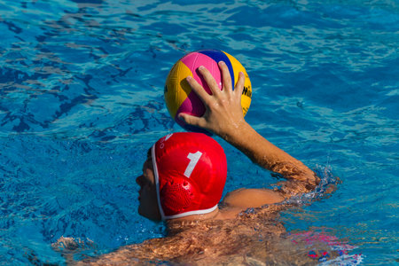 Water-polo national championships game action between province state mens teams in swimming poolのeditorial素材
