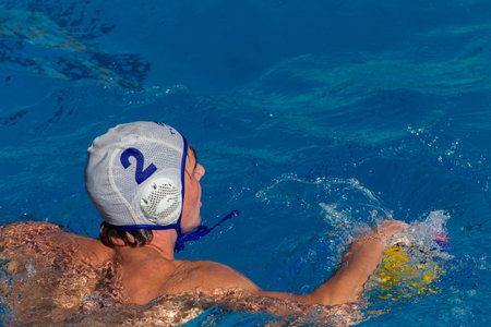 Water-polo national championships game action between province state mens teams in swimming poolのeditorial素材