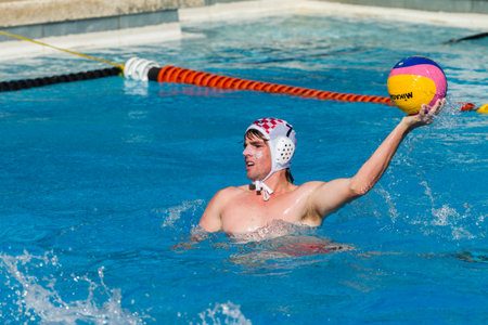 Water-polo national championships game action between province state mens teams in swimming poolのeditorial素材