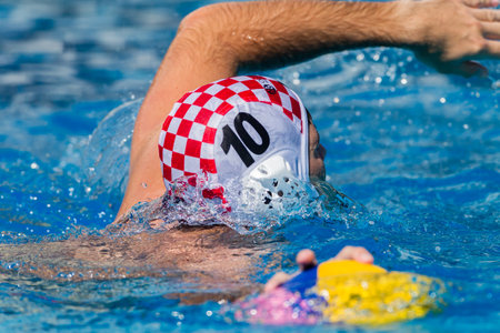 Water-polo national championships game action between province state mens teams in swimming poolのeditorial素材