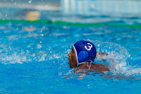 Water-polo national championships game action between province state mens teams in swimming poolのeditorial素材