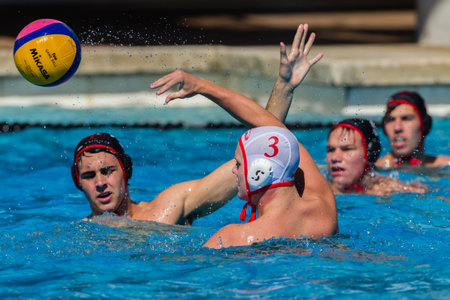 Water-polo national championships game action between province state mens teams in swimming poolのeditorial素材