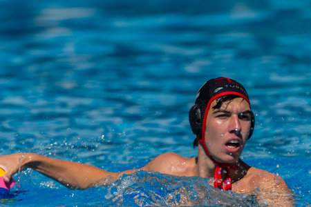 Water-polo national championships game action between province state mens teams in swimming poolのeditorial素材