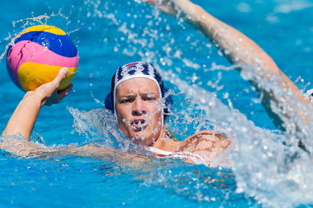 Water-polo national championships game action between province state mens teams in swimming poolのeditorial素材