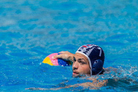 Water-polo national championships game action between province state mens teams in swimming poolのeditorial素材
