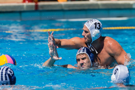 Water-polo national championships game action between province state mens teams in swimming poolのeditorial素材