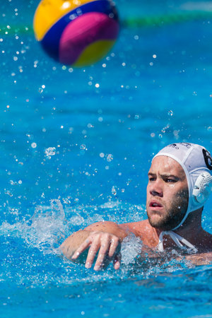 Water-polo national championships game action between province state mens teams in swimming poolのeditorial素材
