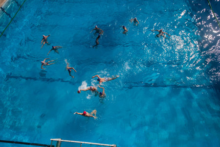 Water-polo national championships game action between province state mens teams in swimming poolのeditorial素材
