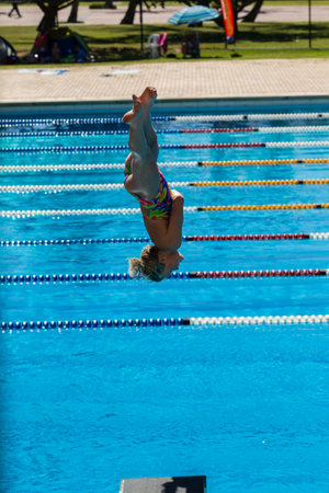Pool diving national aquatics championships action girls at Kings Park Durban South Africaのeditorial素材