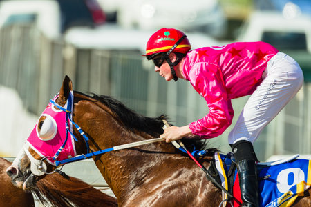 Horse racing action of jockeys races at Greyville racecouse sand and grass for Durban July vodacom cup.のeditorial素材