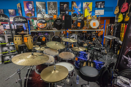 Musical instruments on display in a music shop.のeditorial素材