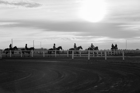 Race horses Riders  jockeys morning training on track landscape in black white vintage.のeditorial素材