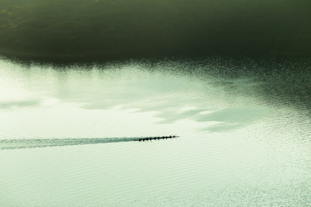 Canoe race paddlers dam waters air birds-eye vintage landscapeの写真素材
