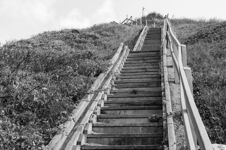 Stairs up hillside in black and white vintage toneの写真素材