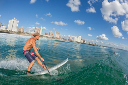 Surfing surfer sup board paddle rides ocean wave closeup water action .