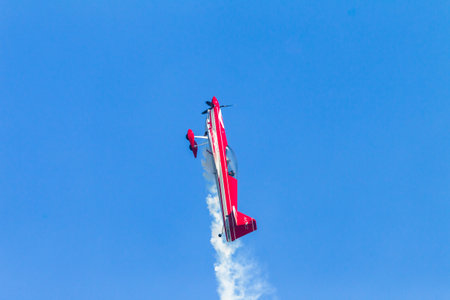 Aircraft acrobatics plane pilot in flying action.のeditorial素材