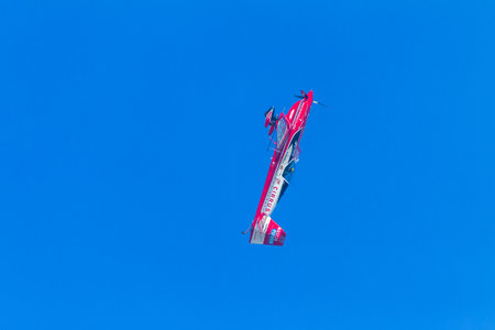 Aircraft acrobatics plane pilot in flying action.のeditorial素材