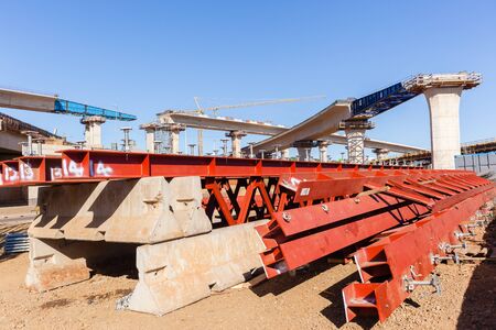 Construction new traffic road highway intersection junction flyover ramps of concrete steel design.